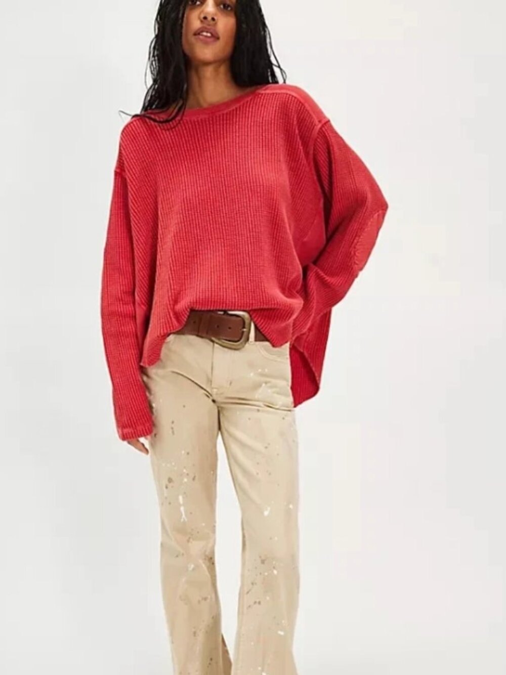 Free People FP One Blake Thermal Oversized Scoop Neck Long Sleeve Tunic Top L